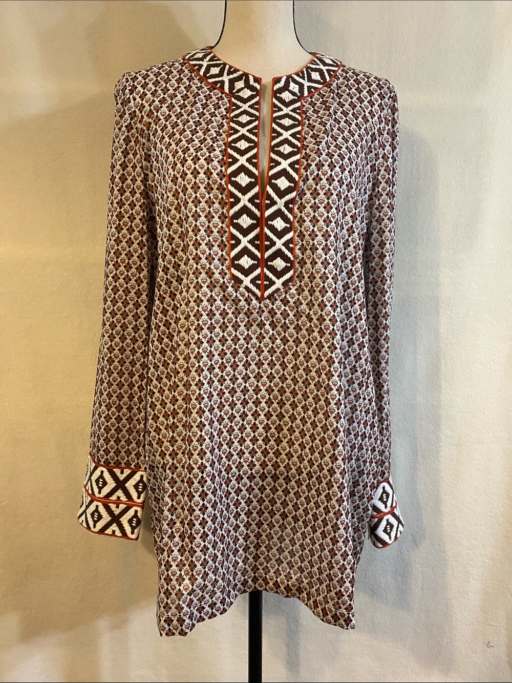Tory Burch brown floral embroidered trim print cotton tunic